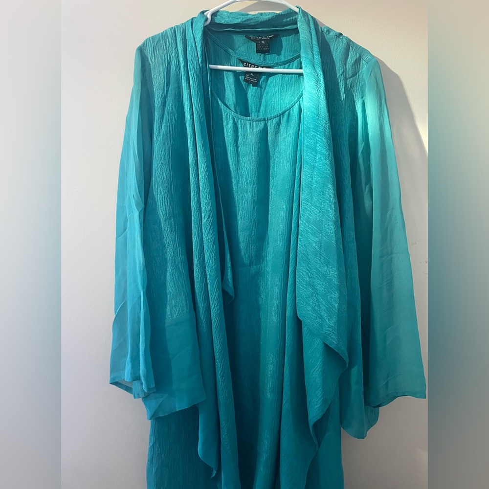 Citron silk Teal Dress and Long sleeve matching outfit